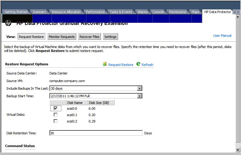 Figure 18 Selecting virtual disks 4. Specify the Retention period. This period starts at the moment of the restore. After that the virtual disks are no longer available. Click Request Restore.