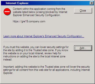 Figure 38 Blocked website message displayed by Internet Explorer Figure 39 Script error message displayed by Internet Explorer Additional pop-up windows may appear, containing similar error messages:
