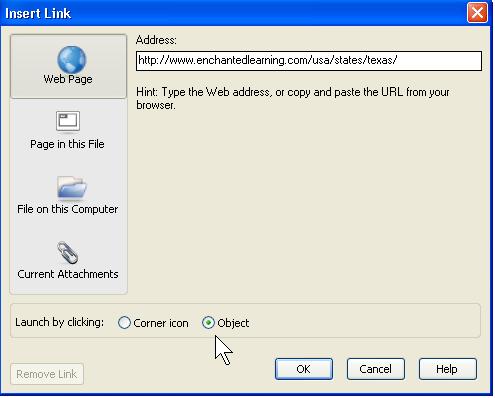 an image or text. 1) Right-click the image or text to see the menu. 2) Select Link. 3) A dialog bo