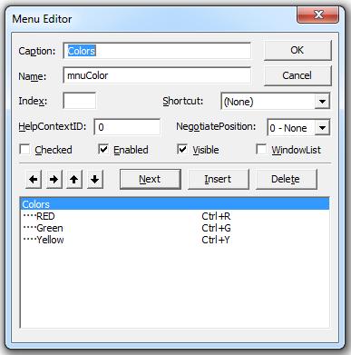 Practical 10: Add menus in an application. Change Background colors through menu options? Draw GUI and update properties: 2. Press CTRL+E or select Menu Editor from TOOLS menu to start a menu editor.