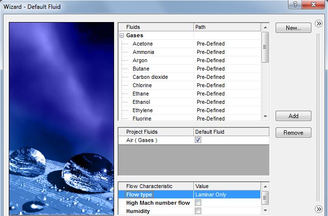 14. Select Air from the Gases and add it as Project Fluid. Select Laminar Only from the Flow Type drop down menu.