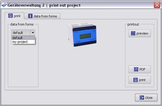 'print' - starts the print dialog of the Devicemanagement 2. Here a number of settings for the output of project-related data via a printer can be made.