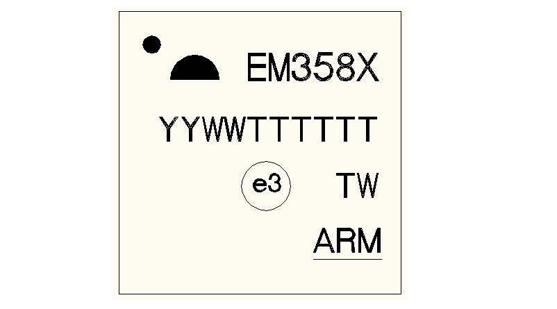 6.1 Part Marking Figure 6-7 shows the part marking for the EM358x Series. The circle in the top corner indicates Pin 1. Pins are numbered counter-clockwise from Pin 1 with 12 pins per package edge.