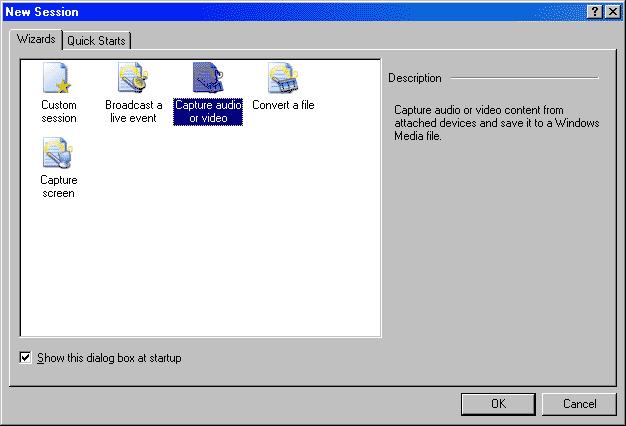 Step 1: Creating a Session a) Start the Windows Media Encoder by clicking on the "Start" button in the lower left of the screen, selecting "Programs", selecting "Windows Media", and clicking on