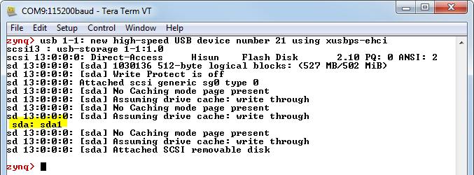Figure 31 USB Drive Enumerated as /dev/sda1 4. The default Linux image mounts the SD Card at /mnt. First, we will unmount the SD Card with the following commands. zynq> cd / zynq> umount /mnt 5.