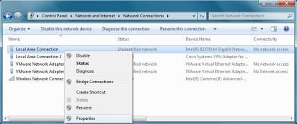 1. In the Network Connections window, right-click on the Local Area Connection adapter entry