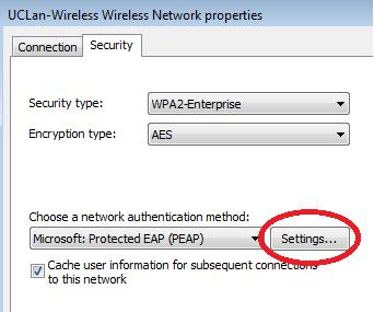 11. Check the settings are as follows: Security type: WPA2-Enterprise Encryption type: AES Choose a network authentication method: Microsoft: Protected EAP (PEAP) Cache