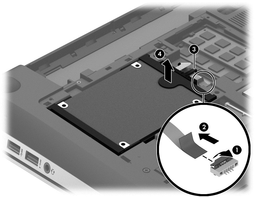 3. Lift up on the hard drive tab (4) to remove the hard drive from the hard drive bay. 4. If it is necessary to disassemble the hard drive, perform the following steps: a.