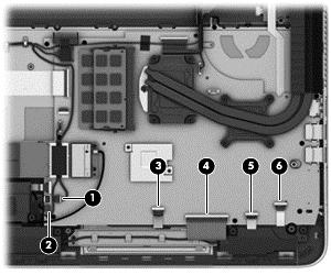 2. Disconnect the following cables from the system board: (1) Speaker cable (2) Subwoofer cable (3) TouchPad