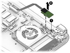 4. Press the tab that secures the board to the computer (1), and then remove the power button board and cable from