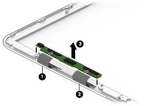 6. To remove the display/webcam cable, remove the cable from the clips built into the display enclosure (1), and then remove the cable from the display enclosure (2). 7.