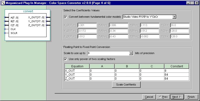 Color Space Converter MegaCore Function User Guide Getting Started 5. Specify the coefficients for your matrix transform.