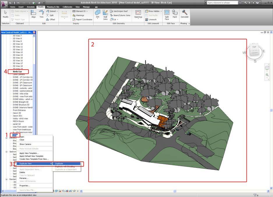 TO LEARN HOW TO SET UP SCREEN VIEWS AND RENDER Step 1: While in 3D views (1) in your model, you may choose to take views such as bird s eye views that