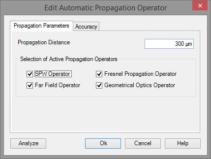 Specification of the Propagation Operator For the diffractive propagation step we enter a distance of 300µm.