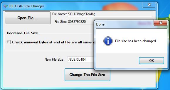 Figure 10 IBEX file size changer Confirmation Re-sizing Click to button Ok performs the required action.
