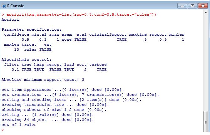 The following statement is used for reading the transaction data as shown in figure 4 The number of rules generated can be seen in the output and is represented as follows writing.