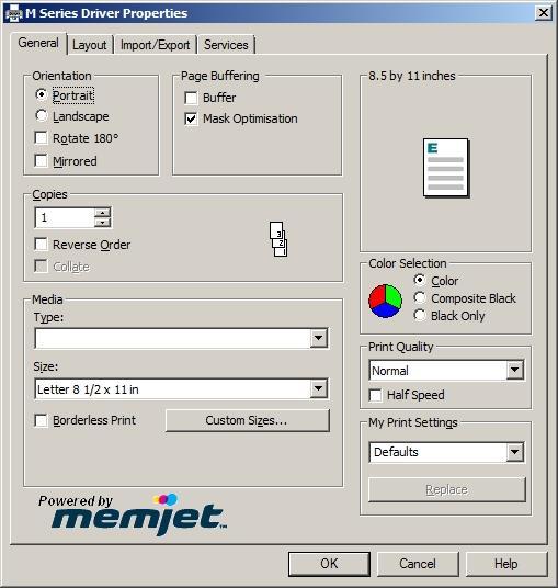 Windows XP, Vista, Windows 7, Windows 8: Once the job is set up, click File, then Print. The window at right opens. Make sure the M Series Driver is the selected Printer.