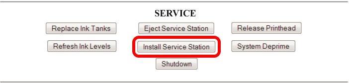 Power up the unit, then click Install Service Station in the Printer Toolbox to pull the Service Station in.