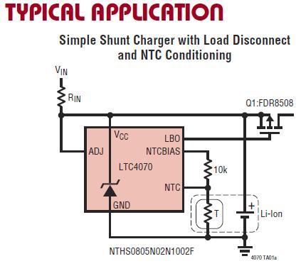 Linear Tech: Battery Charger LTC4070: Li-Ion/Polymer Shunt Battery Charger System Features Low operating current (450nA) 1% float voltage accuracy over full temperature and shunt current range 50mA