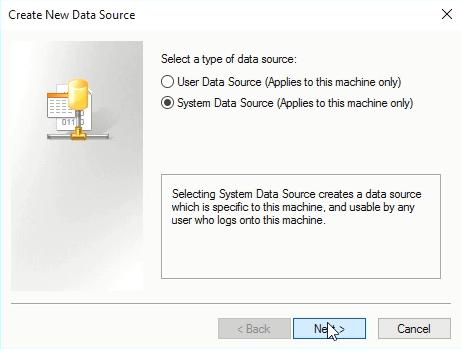 5. In the Create New Data Source dialog box, select System Data Source (Apply to this machien only). 6.