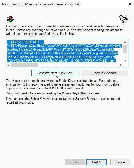 17. In the Netop Security Server Security Server Public Key dialog box, click to Generate New Public Key. 18. Click Generate New Public Key. 19.