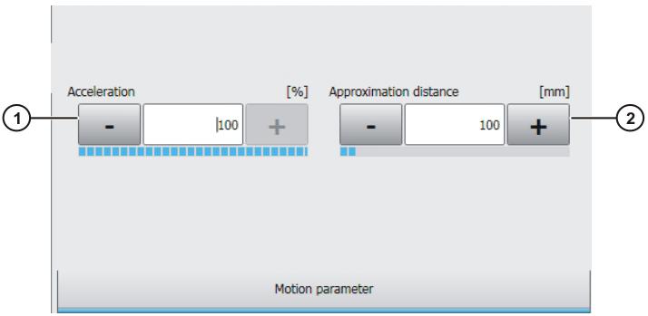 7.11 Option window: Motion parameters (PTP) Fig. 7-12: Option window: Motion parameters (PTP) Item 1 Acceleration Refers to the maximum value specified in the machine data.