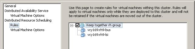 CHAPTER 6 Managing DRS 4. Choose one of the options from the pop-up menu: Keep Virtual Machines Together Separate Virtual Machines 5. Click Add to add virtual machines, then click OK when you re done.