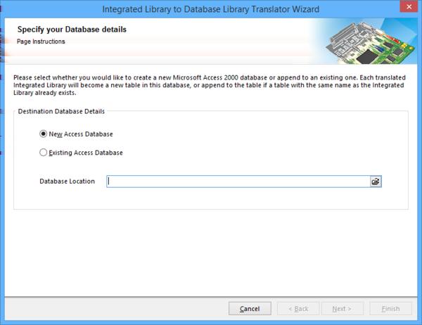 Use the initial page of the Wizard to specify the database - either a newly created Microsoft Access 2000 database (select New Access Database) or an existing one (select Existing Access Database).