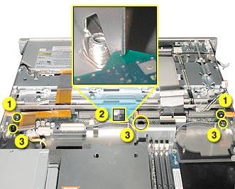 Replacement Note: When installing the drive interconnect board, make sure the board engages with the two mounting pegs (#1 in the illustration below) and the three brackets (#2) on the