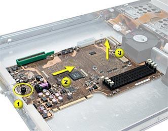 Procedure 1. Release the thumb screw that secures the logic board to the chassis. 2.