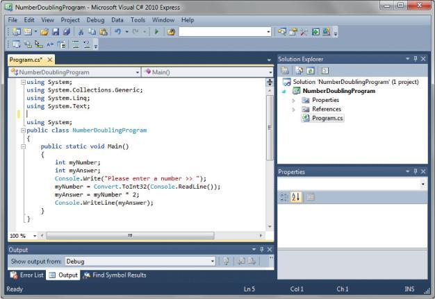 Understanding Programming Environments (continued) 16 Figure 1-12 A C# number-doubling program in Visual Studio One of the major advantages of using an IDE is that different colors are used by