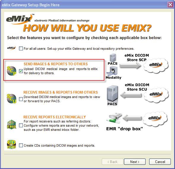 The user packages and addresses the images and reports. 3. The emix Gateway sends the package through your firewall to the emix Cloud.