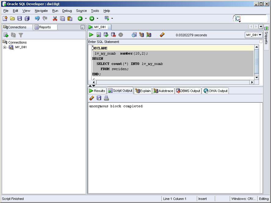 Section B: PL/SQL Basic Structure Running Anonymous PL/SQL (continued) Running PL/SQL from SQL Developer SQL Developer is a new tool from Oracle that will one day replace SQL*Plus.