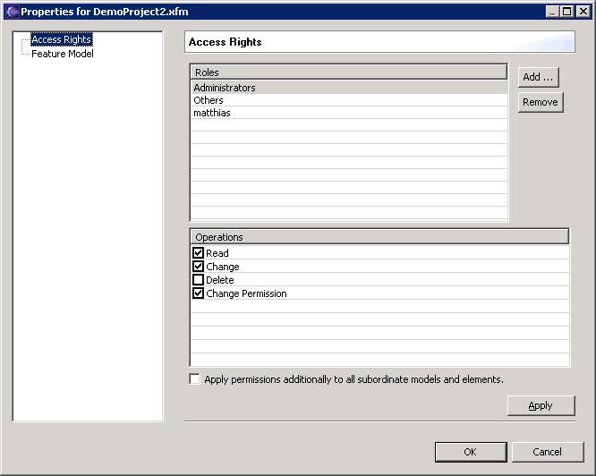 Figure 4. Access Rights Property Page Select the role and change its rights. Press Apply or OK to set the new access rights. If the Apply permissions additionally.