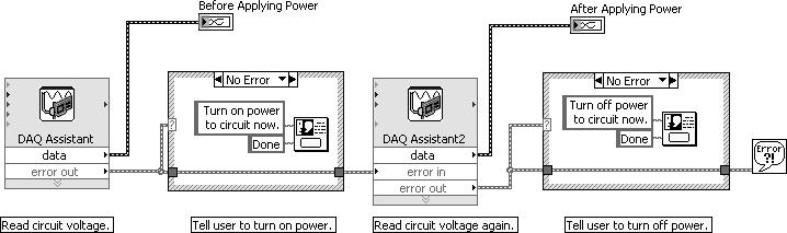 to enclose the One Button Dialog functions in a Case structure, wiring the error cluster to the