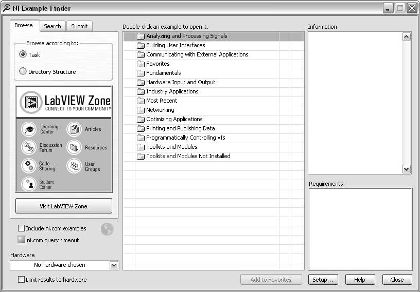 Lesson 3 Troubleshooting and Debugging VIs NI Example Finder The New dialog box contains many LabVIEW template VIs that you can use to start creating VIs.