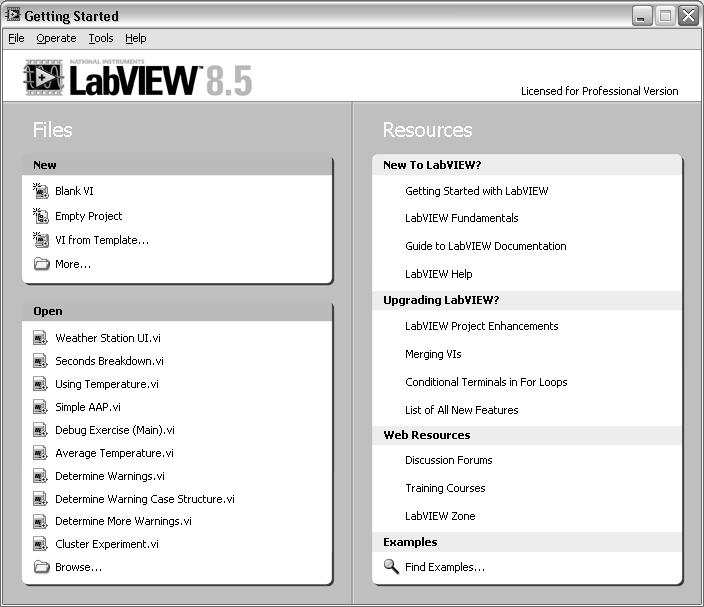 Lesson 2 Navigating LabVIEW C. Starting a VI When you launch LabVIEW, the Getting Started window appears.