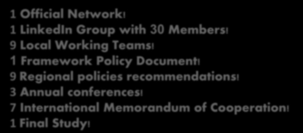 1 Official Network! 1 LinkedIn Group with 30 Members! 9 Local Working Teams! 1 Framework Policy Document!