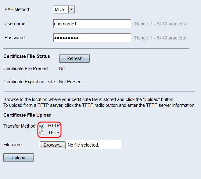 Step 7. If you selected TFTP, continue to Step 8. If you selected HTTP, click the Browse button to find the certificate file on your PC.