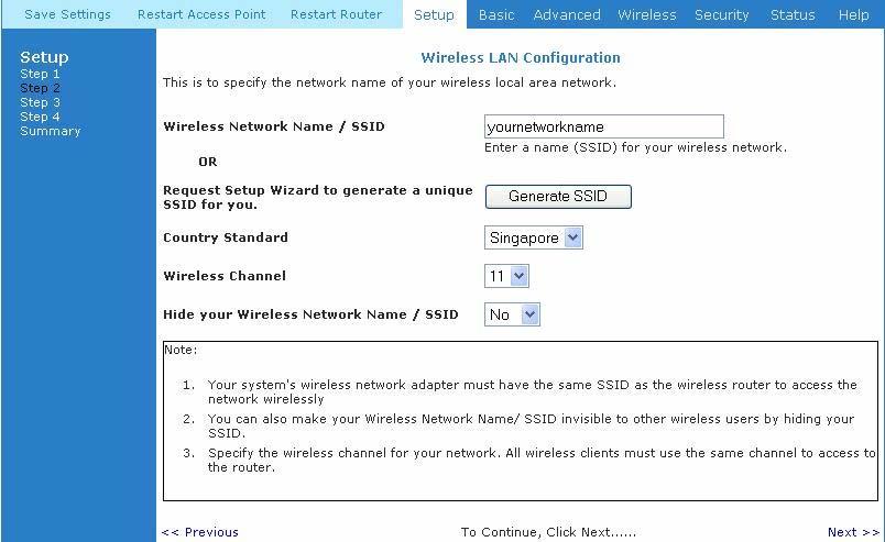 Click on Next to continue. Figure 9-5 : Wireless LAN Configuration Click Here The next screen ( Figure 9-6) will require you to change your router login details.