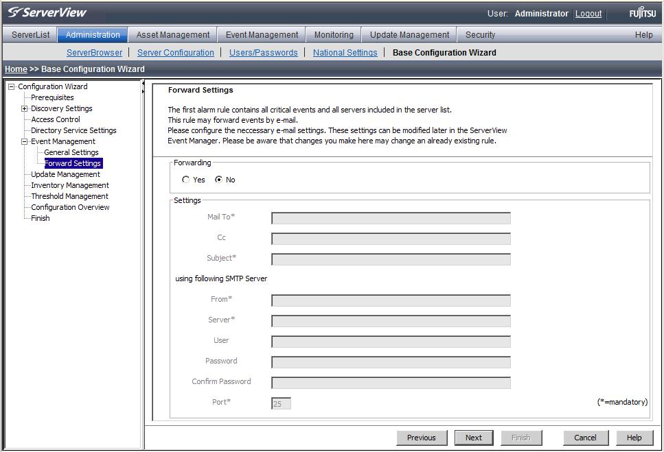 2.5 Event Management step (Base Configuration Wizard) Figure 10: Forward Settings step Forwarding Yes No Enable alarm forwarding. Disable alarm forwarding.
