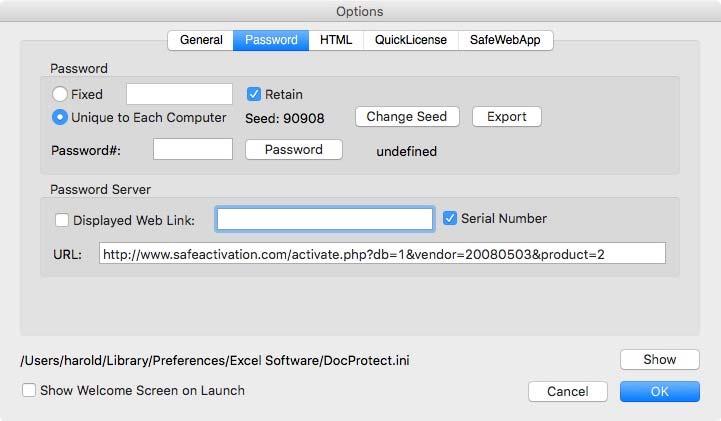 Connect Protected Application to Safe Activation Enter the URL of your automate activation web page and set the Serial Number checkbox in the Password section.