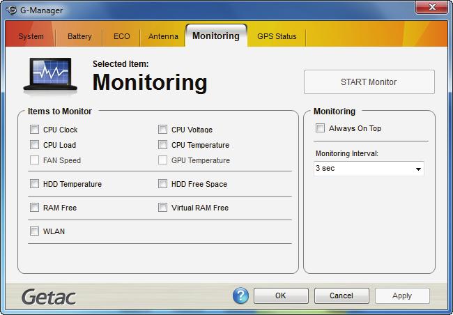 Monitoring Tab The Monitoring tab allows you to configure the monitoring function of G-Manager. Items to Monitor The left portion of the screen lists the items.