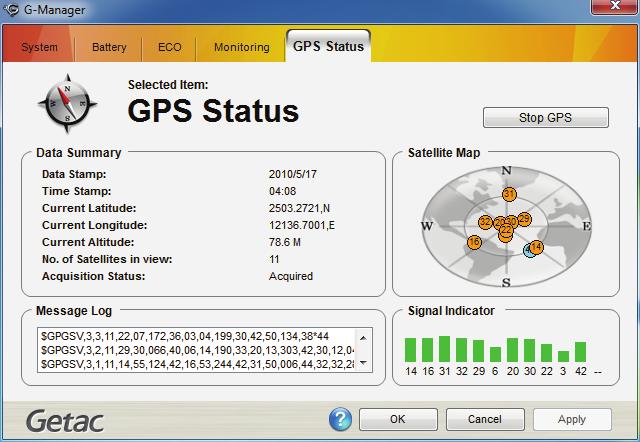 GPS Status Tab The GPS Status tab shows the GPS status for models having the GPS module. To start GPS positioning, click Start GPS.