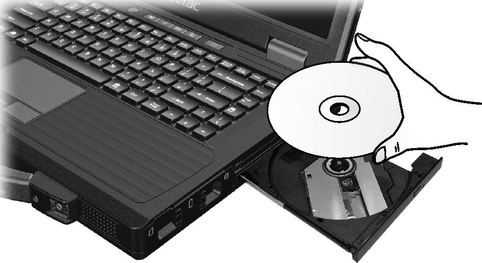 Inserting and Removing a Disc Follow this procedure to insert or remove a disc: 1. Turn on the computer. 2. Press the eject button and the DVD tray will slide out partially.