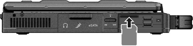 To insert a storage card: 1. Locate the card reader on the left side of the computer and open the cover. 2. Align the card with its connector pointing to the slot and its label facing up.