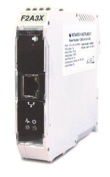 The F2A3X Frequency to Analog converter is a DIN rail module that converts a frequency input signal into a proportional analog voltage (0-5Vdc) or current (4-20mAdc) output.