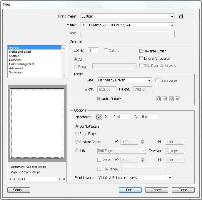 Printing from Illustrator with the Ricoh SG 30DN 6.) With the correct colour settings entered, you are now ready to print. In the Menu Bar, click File > Print. This will open the Print window.
