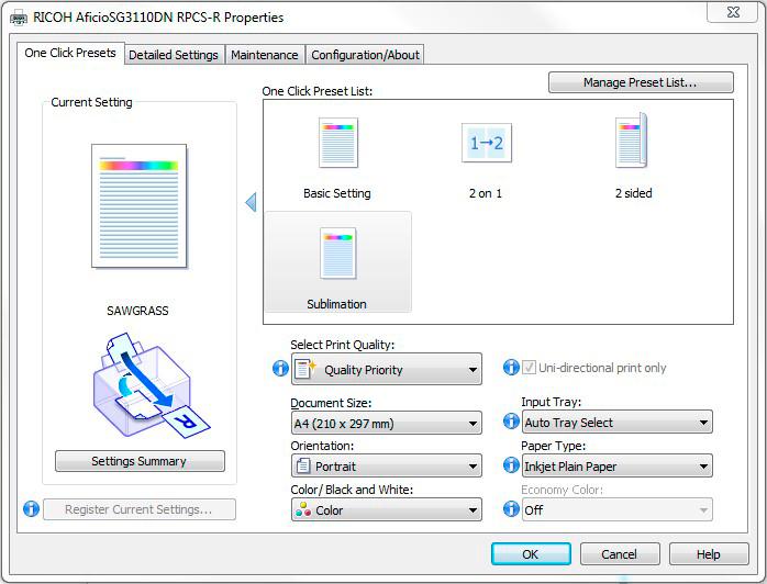 8.) In the Print window, click the RICOH AficioSG30DN RPCS-R and click Preferences (see FIGURE 9). FIGURE 9 9.) In the Properties window, click your previously saved setting.