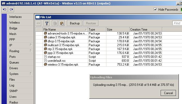 Upgrading through WinBox Figure 7: Uploading files to AT-WR4500 Router Wait until all packages have been transferred to the equipment, make sure that no error message has been displayed and verify